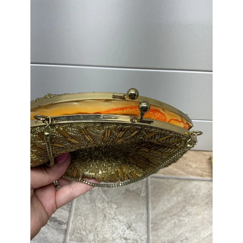 Vintage Gold Beaded Sunburst Evening Bag Kiss Lock Clutch Hong Kong 8x6